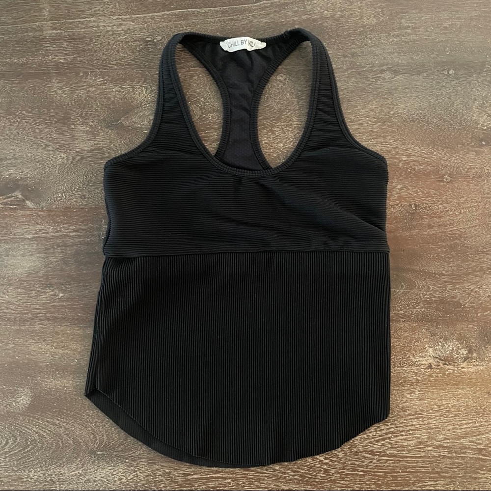 Addison Bay Chill By Will Black Ribbed Sports Bra Top Crop Curved Tank XS